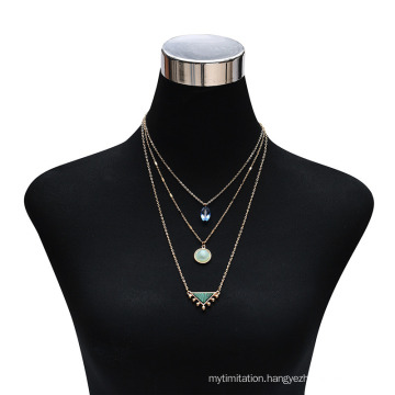 Trendy Crystal Glass Natural Stone Pendant 3 Layered Necklace